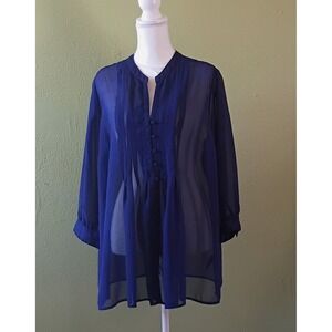 Nautical Chic Dark Academia Fylo Royal Blue Sheer Tunic Blouse  Size Large